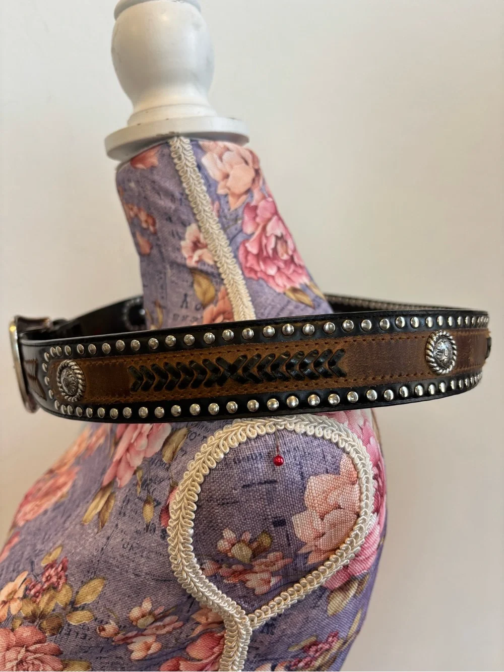 Western Studded Tooled Black Leather Belt with Silver Buckle